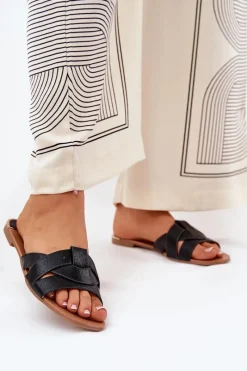 New Boto Płaskie Klapki Damskie Z Przeplatającymi Się Paskami Czarne Selaenor Czarny