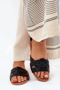 New Boto Płaskie Klapki Damskie Z Przeplatającymi Się Paskami Czarne Selaenor Czarny