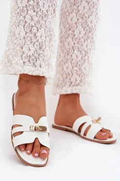 Klapki Damskie Klasyczne>Boto Płaskie Klapki Damskie Z Paseczkiem I Złotym Detalem Białe Kerenza Biały