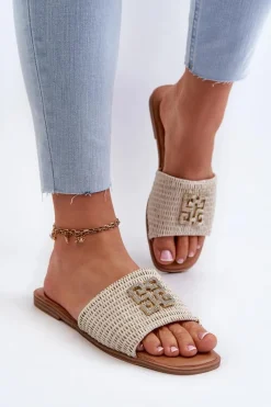 Online Płaskie Klapki Damskie Z Plecionką I Ozdobą Białe Omenna Damskie Klapki Damskie Klasyczne