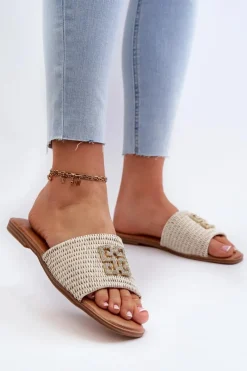 Online Płaskie Klapki Damskie Z Plecionką I Ozdobą Białe Omenna Damskie Klapki Damskie Klasyczne