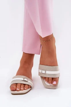 Klapki Damskie Klasyczne>Boto Płaskie Klapki Damskie Z Paskiem I Sprzączką Beżowo-Białe Zilina