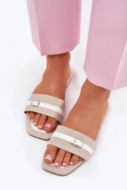 Klapki Damskie Klasyczne>Boto Płaskie Klapki Damskie Z Paskiem I Sprzączką Beżowo-Białe Zilina