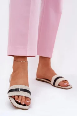 Klapki Damskie Klasyczne>Boto Płaskie Klapki Damskie Z Paskiem I Sprzączką Beżowo-Czarne Zilina