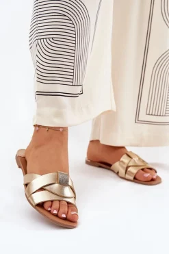 Outlet Boto Płaskie Klapki Damskie Z Przeplatającymi Się Paskami Złote Selaenor