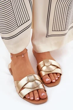 Outlet Boto Płaskie Klapki Damskie Z Przeplatającymi Się Paskami Złote Selaenor