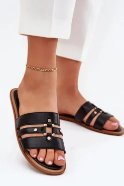 Sale Boto Płaskie Klapki Damskie Ze Złotym Detalem Czarne Noroti Czarny