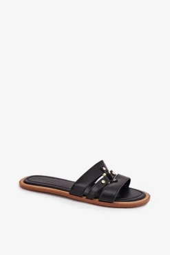 Sale Boto Płaskie Klapki Damskie Ze Złotym Detalem Czarne Noroti Czarny