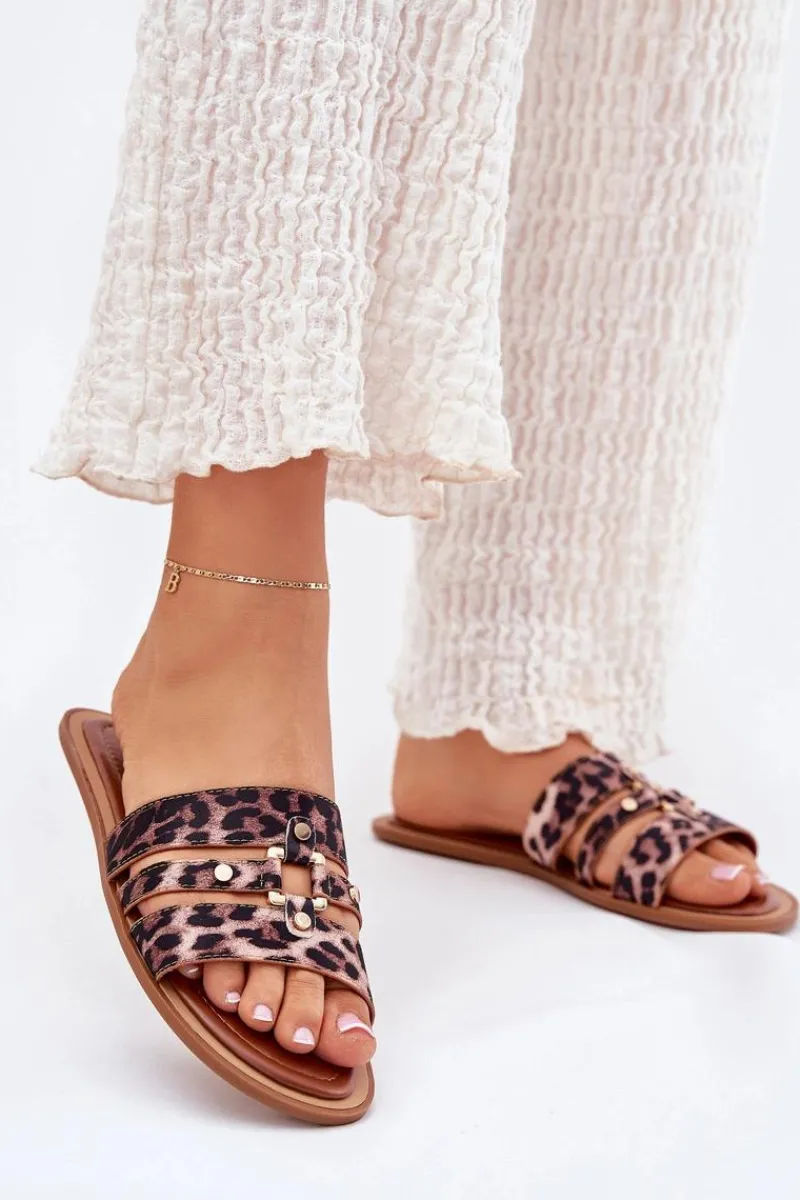 Boto Płaskie Klapki Damskie Ze Złotym Detalem Panterka Noroti Brązowy