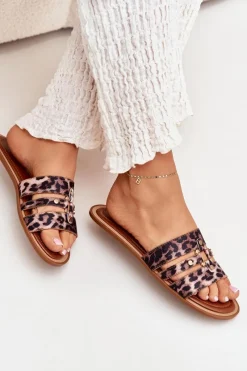 Boto Płaskie Klapki Damskie Ze Złotym Detalem Panterka Noroti Brązowy