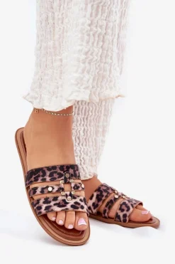 Boto Płaskie Klapki Damskie Ze Złotym Detalem Panterka Noroti Brązowy