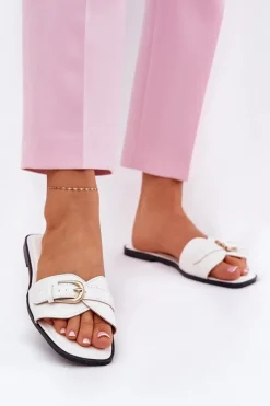 Klapki Damskie Klasyczne>Boto Płaskie Klapki Damskie Ze Złotą Klamrą Białe Esiobb Biały