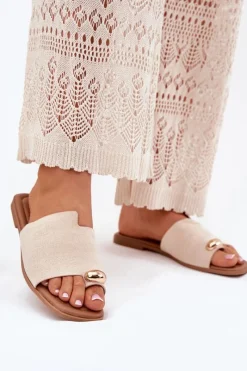 Hot Boto Płaskie Klapki Damskie Ze Złotym Detalem Beżowe Ebilina