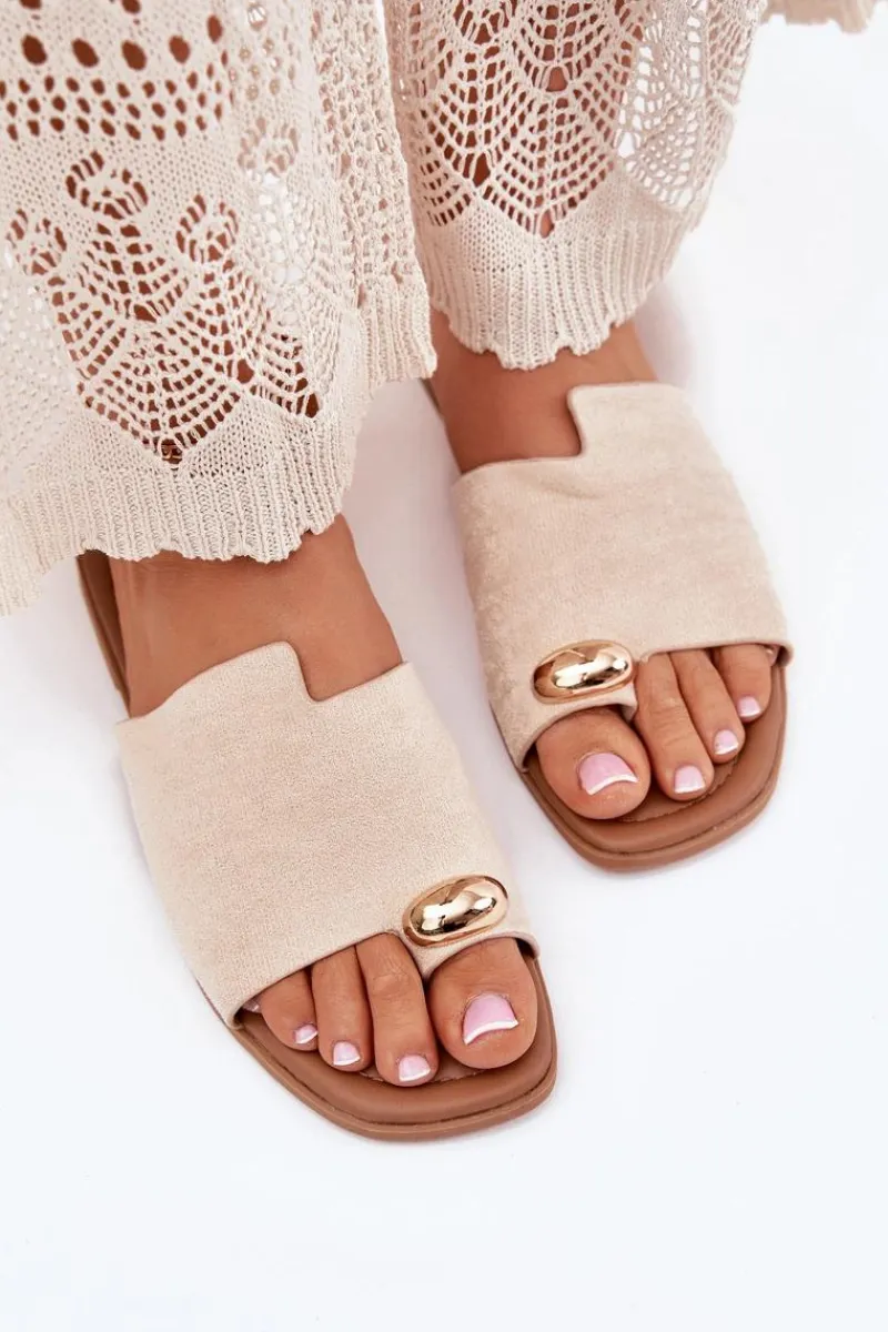 Hot Boto Płaskie Klapki Damskie Ze Złotym Detalem Beżowe Ebilina