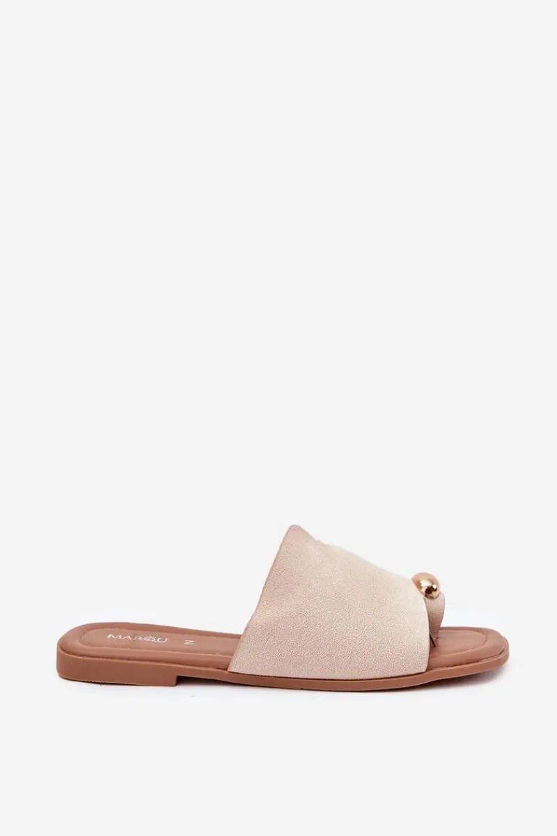 Hot Boto Płaskie Klapki Damskie Ze Złotym Detalem Beżowe Ebilina