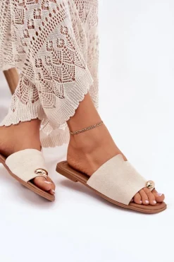 Hot Boto Płaskie Klapki Damskie Ze Złotym Detalem Beżowe Ebilina