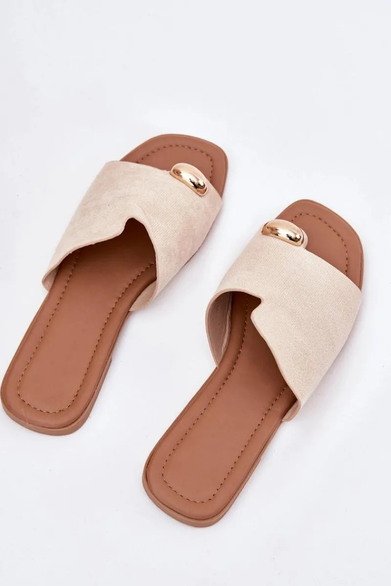 Hot Boto Płaskie Klapki Damskie Ze Złotym Detalem Beżowe Ebilina