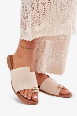 Hot Boto Płaskie Klapki Damskie Ze Złotym Detalem Beżowe Ebilina