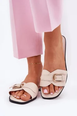 Outlet Płaskie Klapki Damskie Ze Złotą Klamrą Beżowe Esiobb Damskie Klapki Damskie Klasyczne