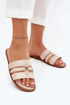 Sale Płaskie Klapki Damskie Ze Złotym Detalem Beżowe Noroti Damskie Klapki Damskie Klasyczne