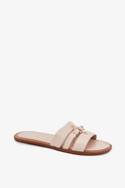 Sale Płaskie Klapki Damskie Ze Złotym Detalem Beżowe Noroti Damskie Klapki Damskie Klasyczne