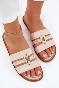 Sale Płaskie Klapki Damskie Ze Złotym Detalem Beżowe Noroti Damskie Klapki Damskie Klasyczne