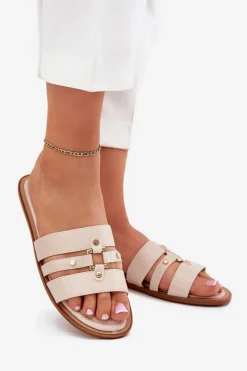 Sale Płaskie Klapki Damskie Ze Złotym Detalem Beżowe Noroti Damskie Klapki Damskie Klasyczne