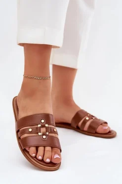 Klapki Damskie Klasyczne>Boto Płaskie Klapki Damskie Ze Złotym Detalem Camel Noroti Brązowy