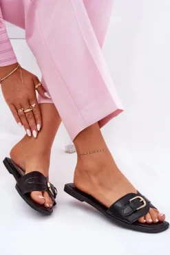 Sale Płaskie Klapki Damskie Ze Złotą Klamrą Czarne Esiobb Damskie Klapki Damskie Klasyczne