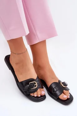 Sale Płaskie Klapki Damskie Ze Złotą Klamrą Czarne Esiobb Damskie Klapki Damskie Klasyczne