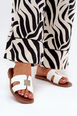 Klapki Damskie Klasyczne>Boto Płaskie Klapki Z Wycięciami I Ozdobą Białe Bohalis Biały