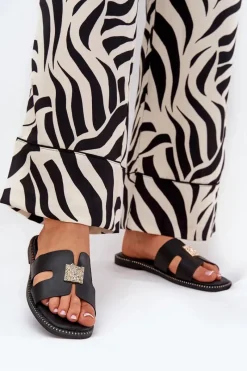 Klapki Damskie Klasyczne>Boto Płaskie Klapki Z Wycięciami I Ozdobą Czarne Bohalis Czarny