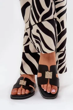 Klapki Damskie Klasyczne>Boto Płaskie Klapki Z Wycięciami I Ozdobą Czarne Bohalis Czarny