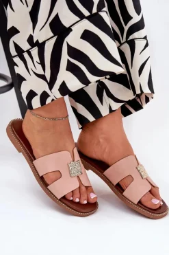 Hot Płaskie Klapki Z Wycięciami I Ozdobą Brudny Róż Bohalis Damskie Klapki Damskie Klasyczne