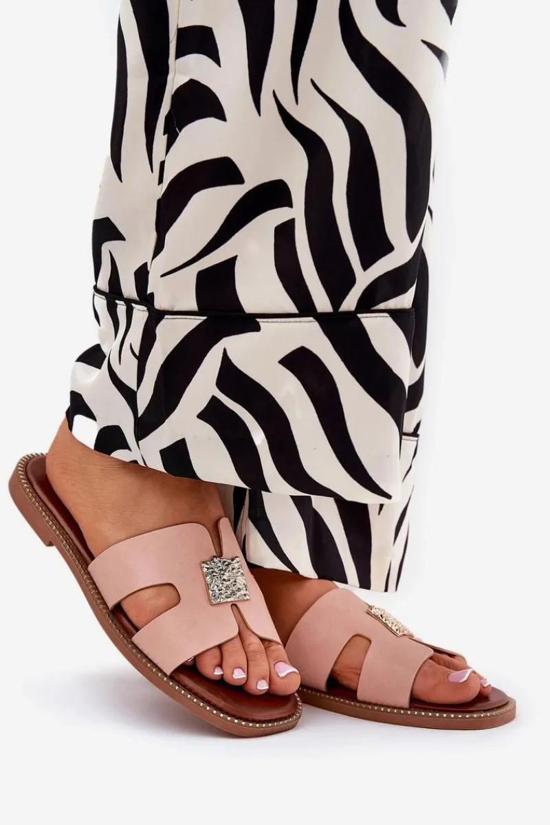 Hot Płaskie Klapki Z Wycięciami I Ozdobą Brudny Róż Bohalis Damskie Klapki Damskie Klasyczne