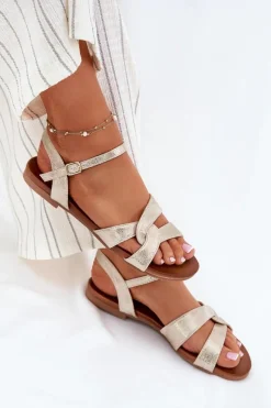 Sale Płaskie Połyskujące Sandały Damskie S.Barski KV51-022 Złote Damskie Sandały Płaskie