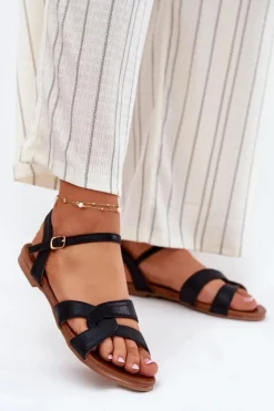 Sandały Płaskie>Damskie buty S.Barski Płaskie Połyskujące Sandały Damskie S.Barski KV51-022 Czarne Czarny