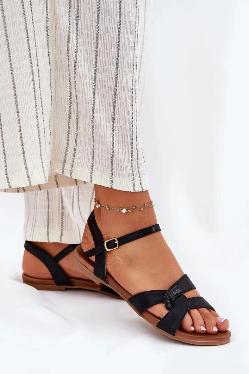 Sandały Płaskie>Damskie buty S.Barski Płaskie Połyskujące Sandały Damskie S.Barski KV51-022 Czarne Czarny