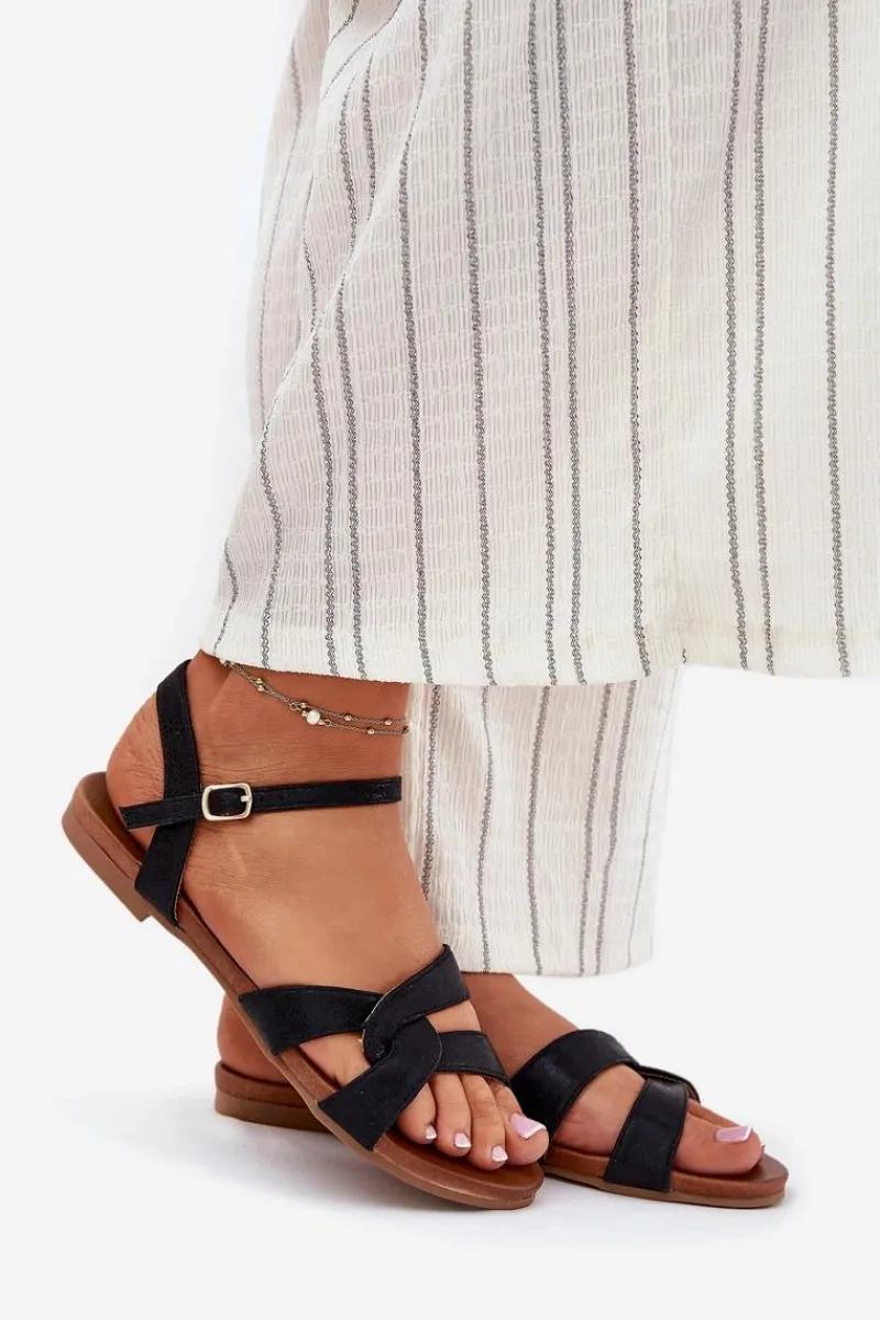 Sandały Płaskie>Damskie buty S.Barski Płaskie Połyskujące Sandały Damskie S.Barski KV51-022 Czarne Czarny