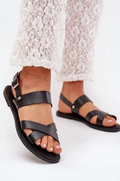 Sandały Płaskie>Boto Płaskie Sandały Damskie Z Eko Skóry Czarne Kalira