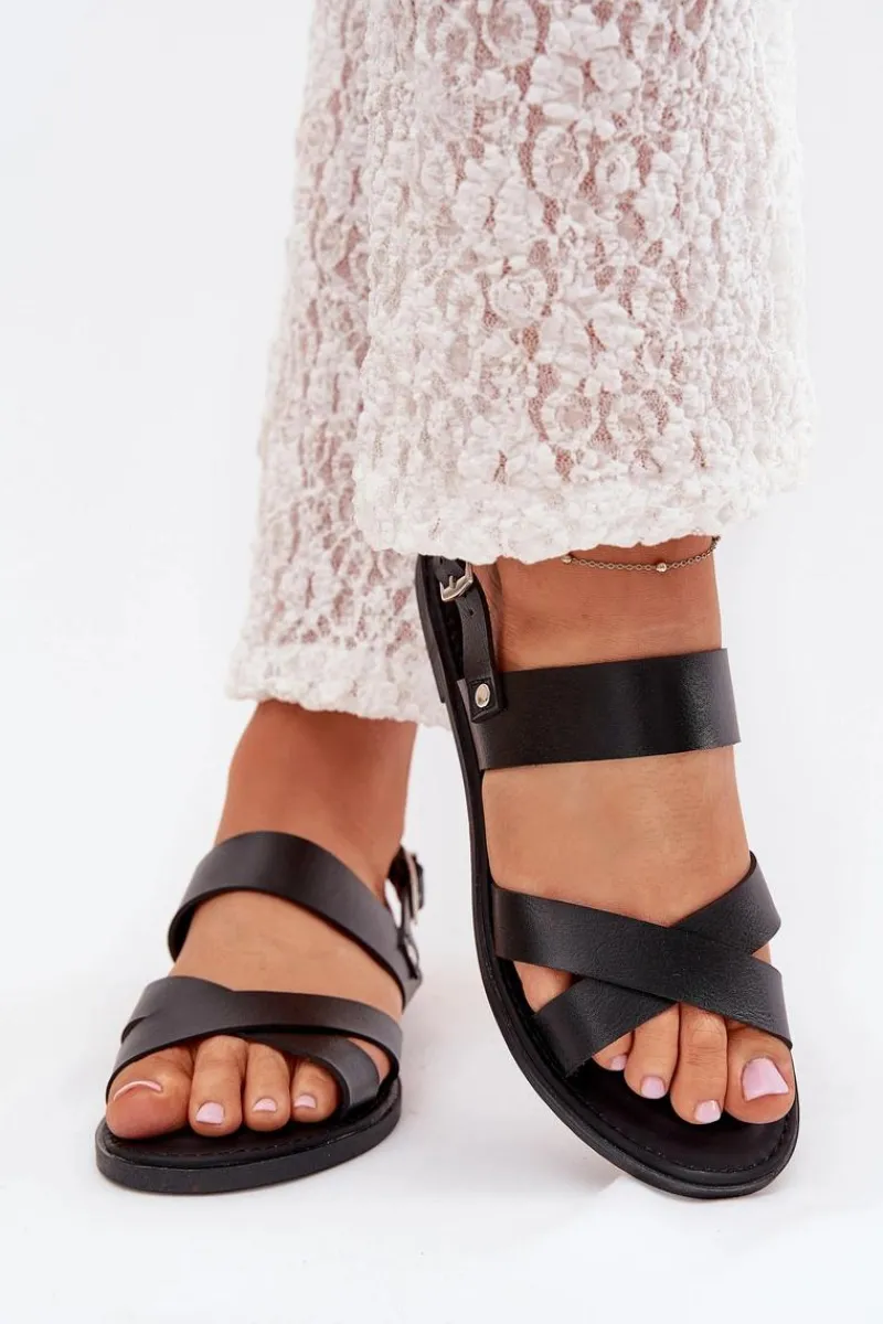 Sandały Płaskie>Boto Płaskie Sandały Damskie Z Eko Skóry Czarne Kalira