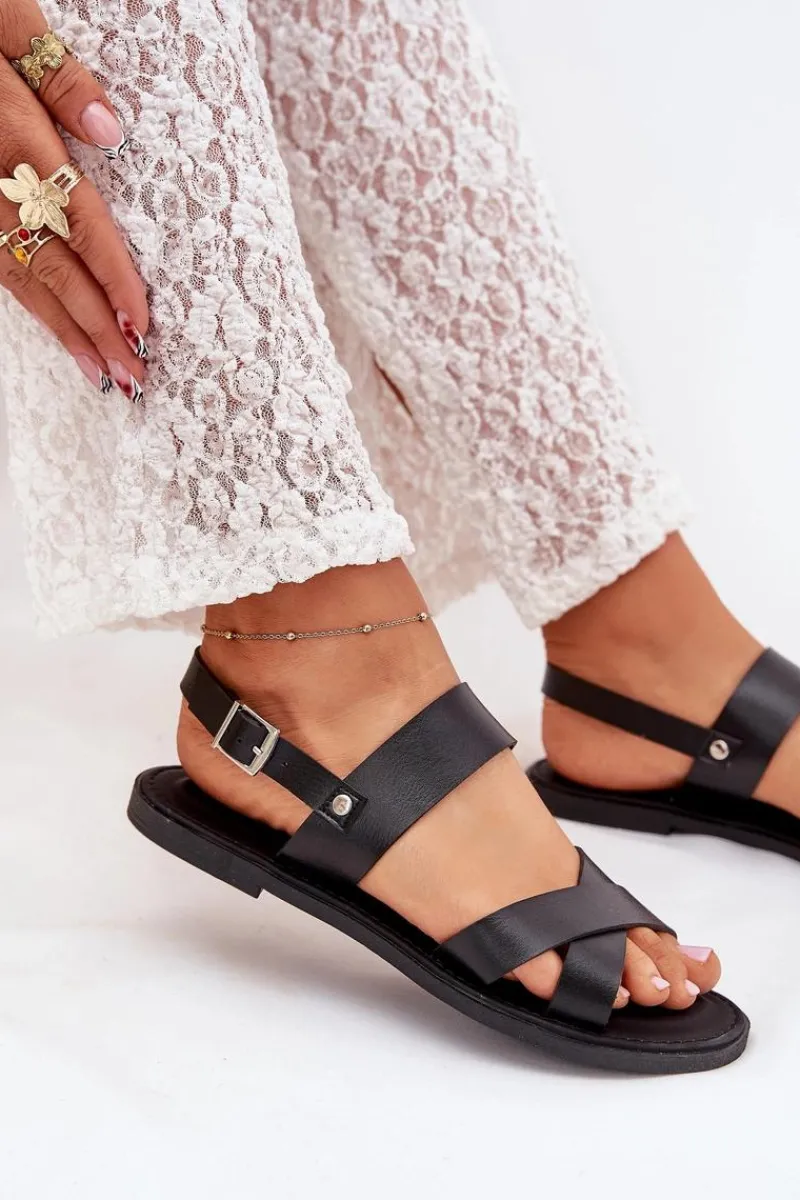 Sandały Płaskie>Boto Płaskie Sandały Damskie Z Eko Skóry Czarne Kalira