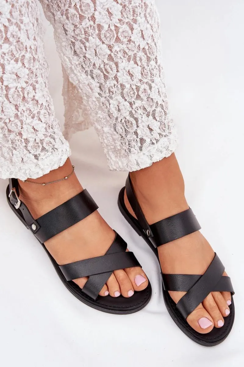 Sandały Płaskie>Boto Płaskie Sandały Damskie Z Eko Skóry Czarne Kalira