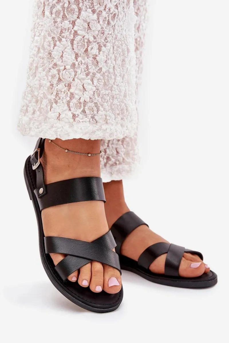 Sandały Płaskie>Boto Płaskie Sandały Damskie Z Eko Skóry Czarne Kalira