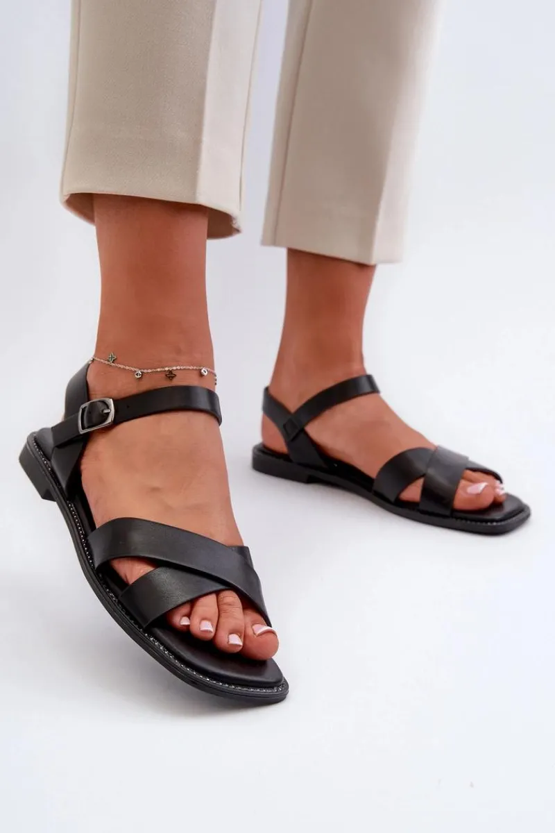 Sandały Płaskie>Damskie buty S.Barski Płaskie Sandały Damskie Z Eko Skóry S.Barski KV27-003 Czarne