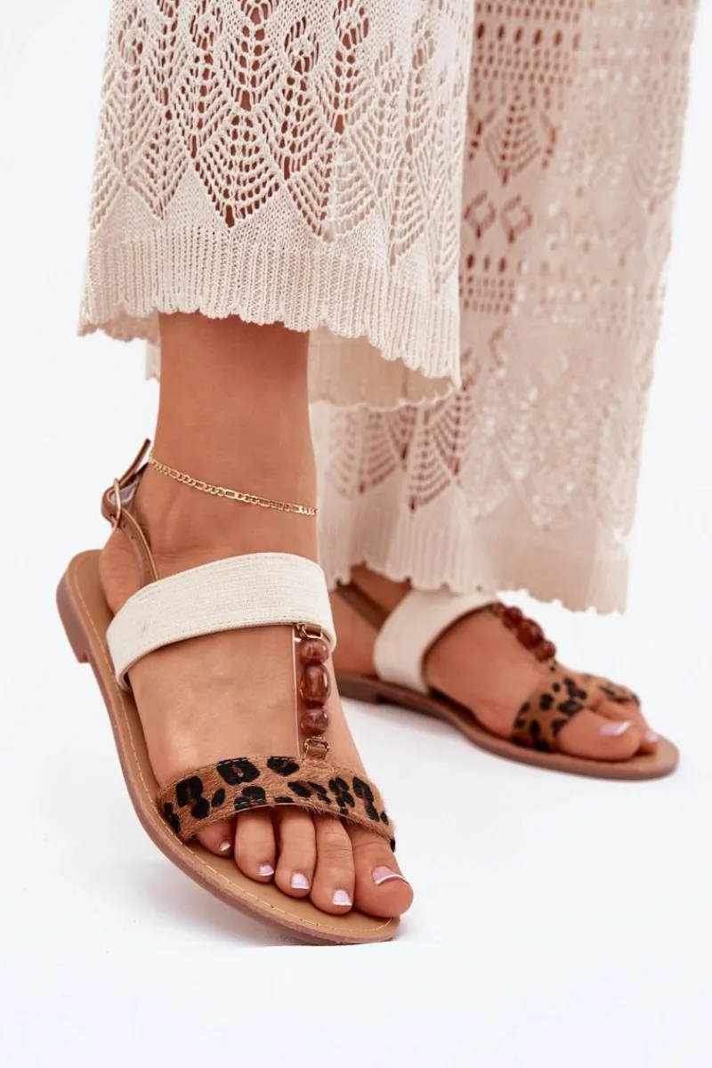 Sandały Płaskie>Boto Płaskie Sandały Damskie Z Koralikami Panterka Brązowe Virona Brązowy