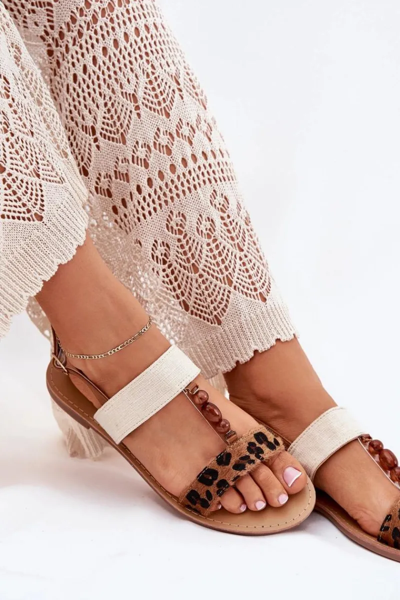 Sandały Płaskie>Boto Płaskie Sandały Damskie Z Koralikami Panterka Brązowe Virona Brązowy