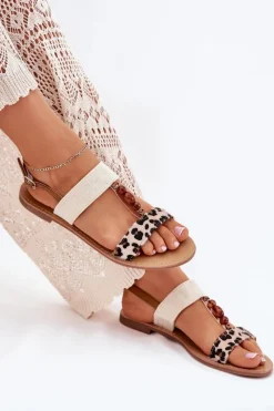 Sale Płaskie Sandały Damskie Z Koralikami Panterka Beżowe Virona Damskie Sandały Płaskie