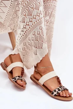 Sale Płaskie Sandały Damskie Z Koralikami Panterka Beżowe Virona Damskie Sandały Płaskie