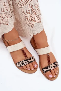 Sale Płaskie Sandały Damskie Z Koralikami Panterka Beżowe Virona Damskie Sandały Płaskie